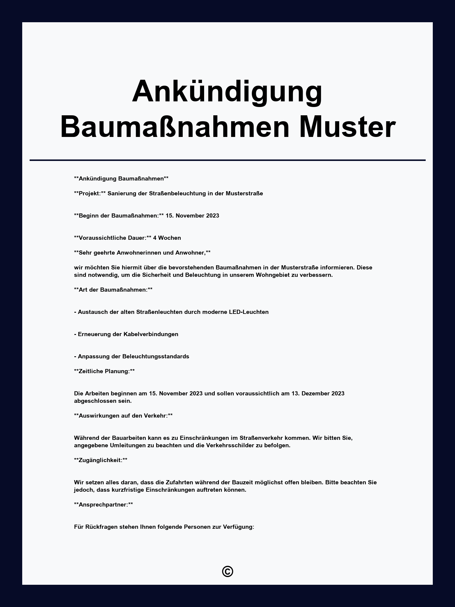 Ankündigung Baumaßnahmen Muster