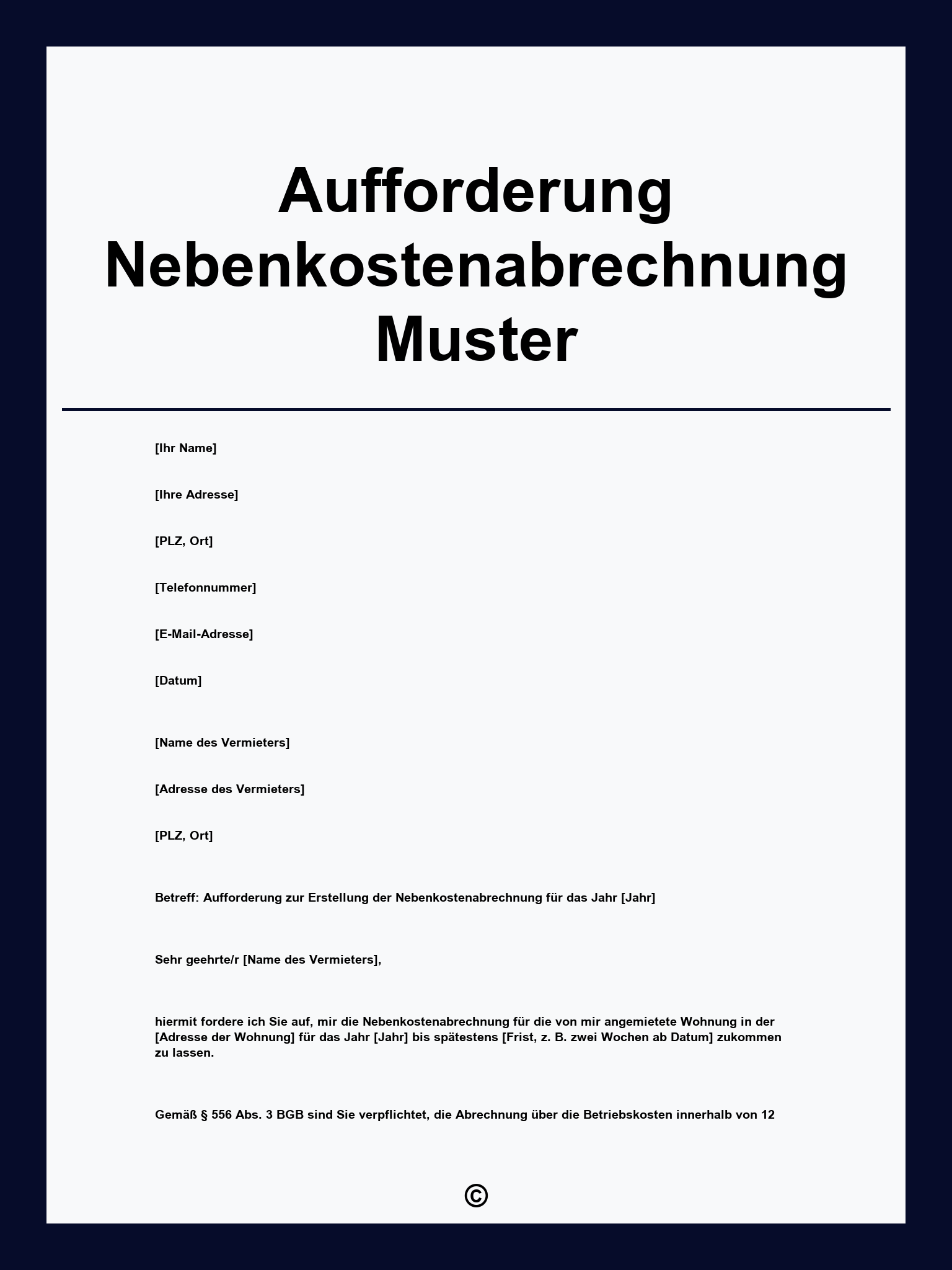 Aufforderung Nebenkostenabrechnung Muster