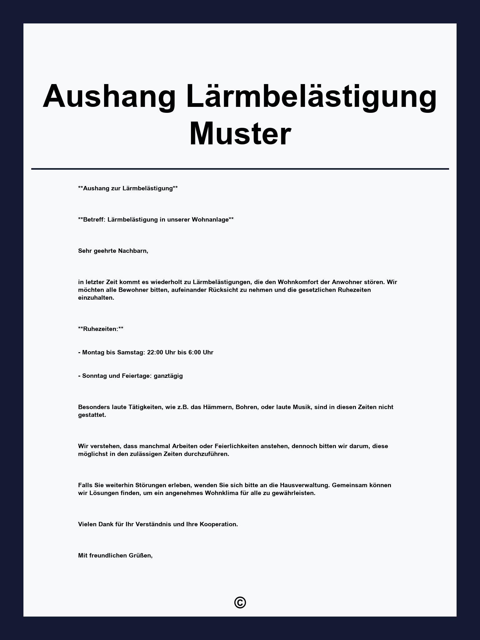 Aushang Lärmbelästigung Muster