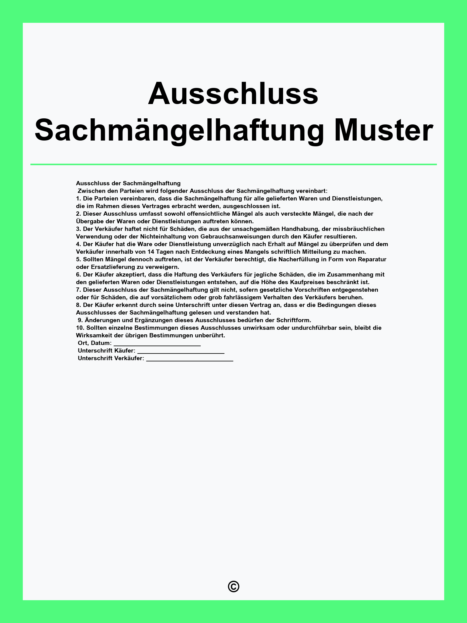 Ausschluss Sachmängelhaftung Muster