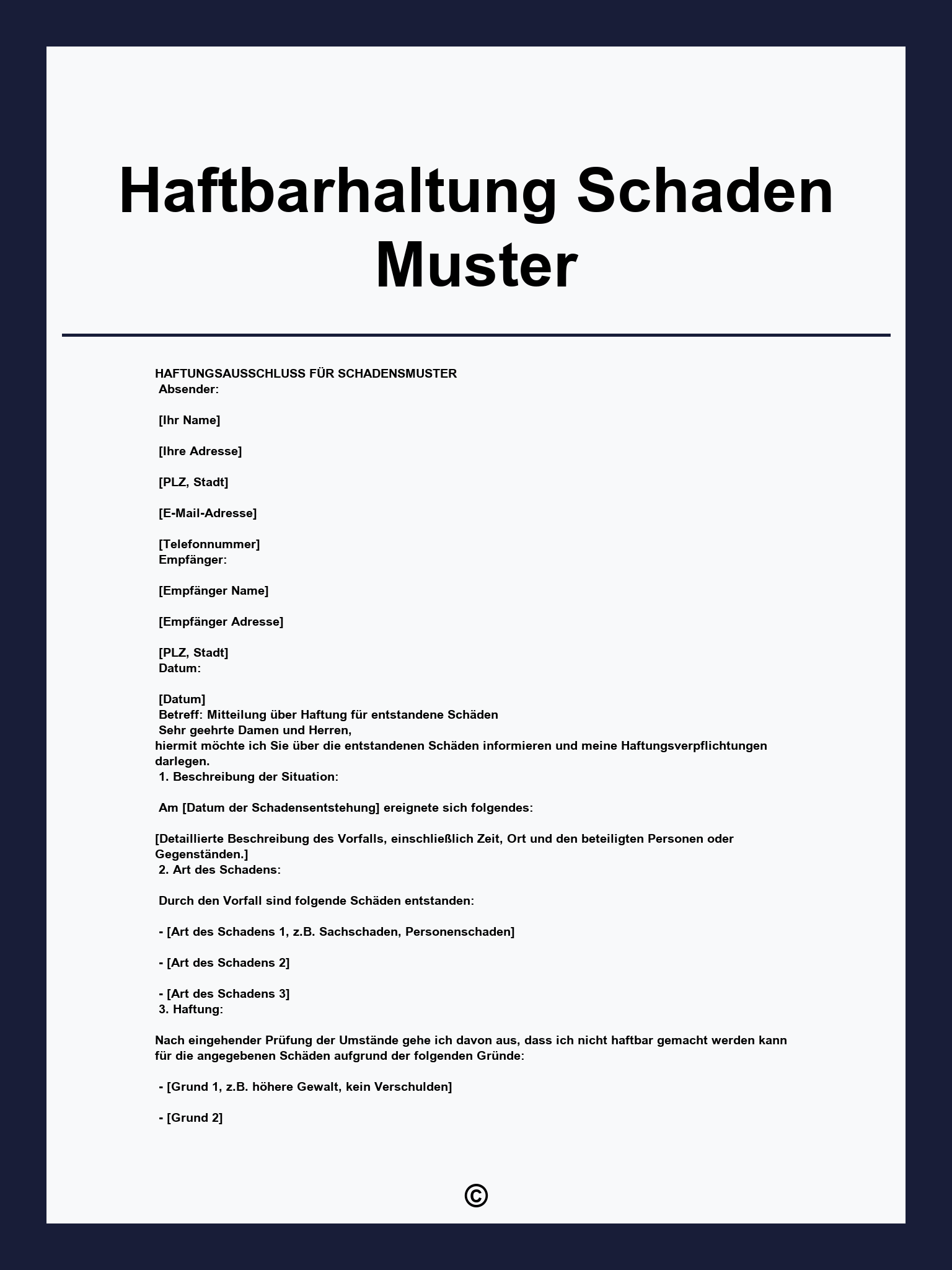 Haftbarhaltung Schaden Muster