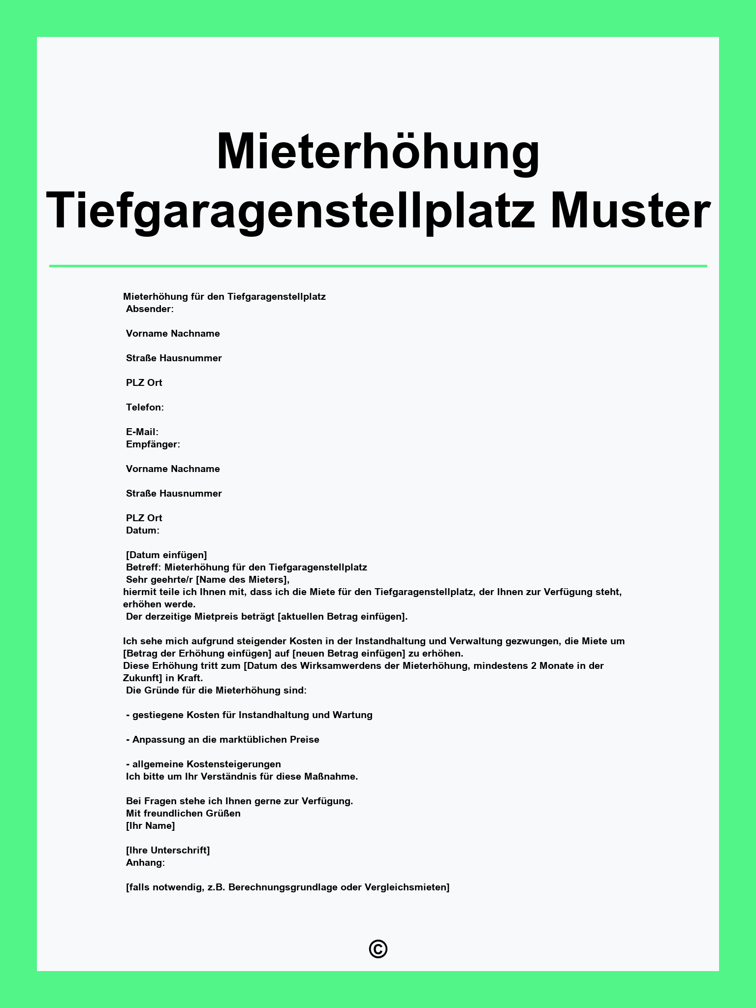 Mieterhöhung Tiefgaragenstellplatz Muster