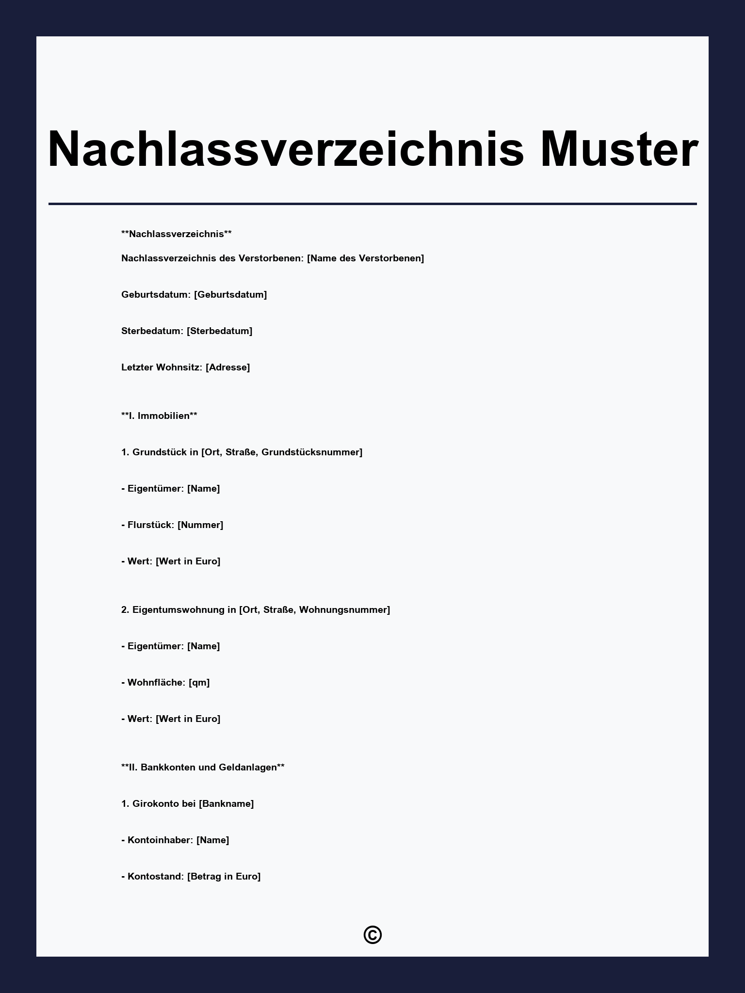 Nachlassverzeichnis Muster