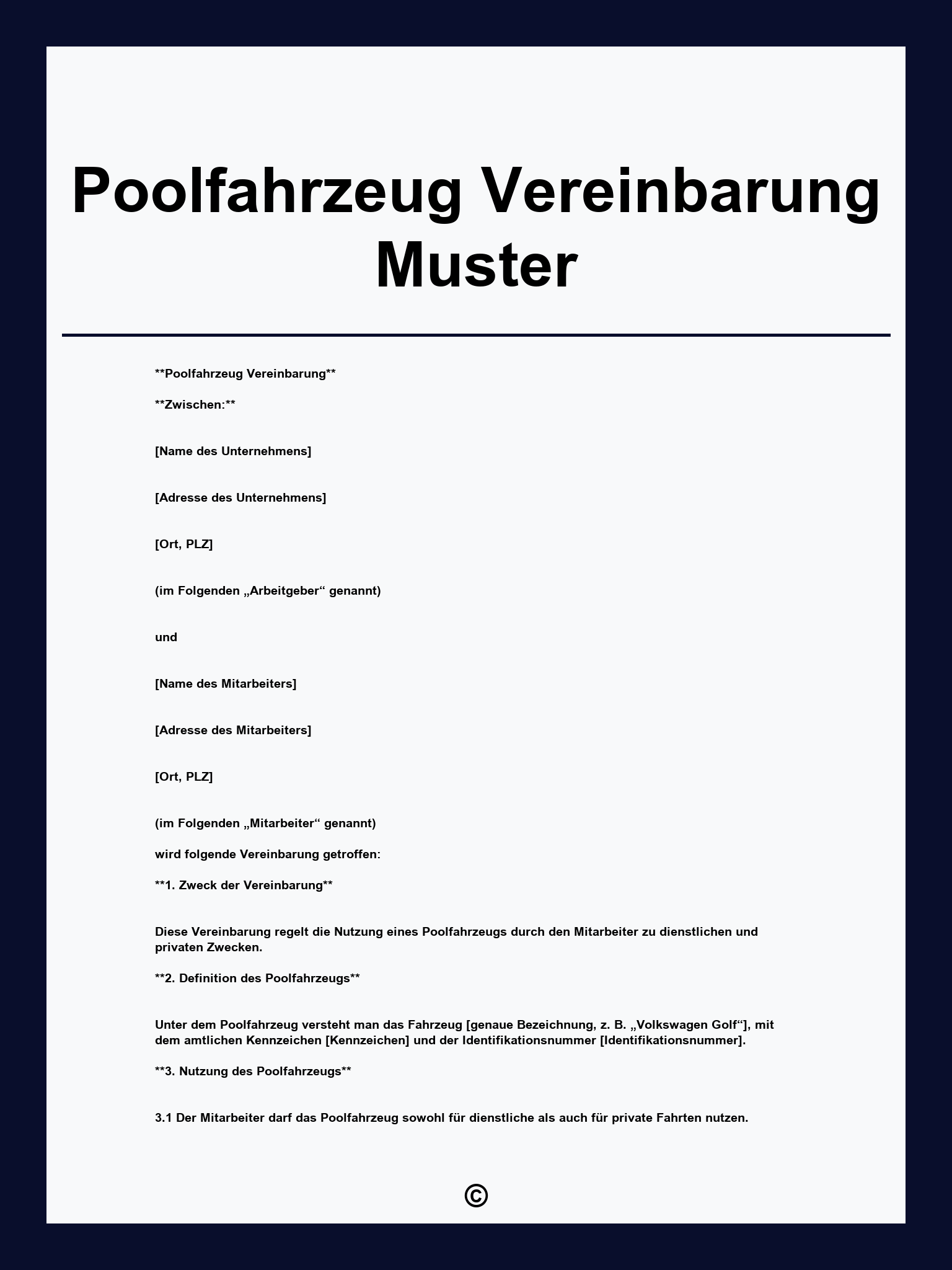 Poolfahrzeug Vereinbarung Muster