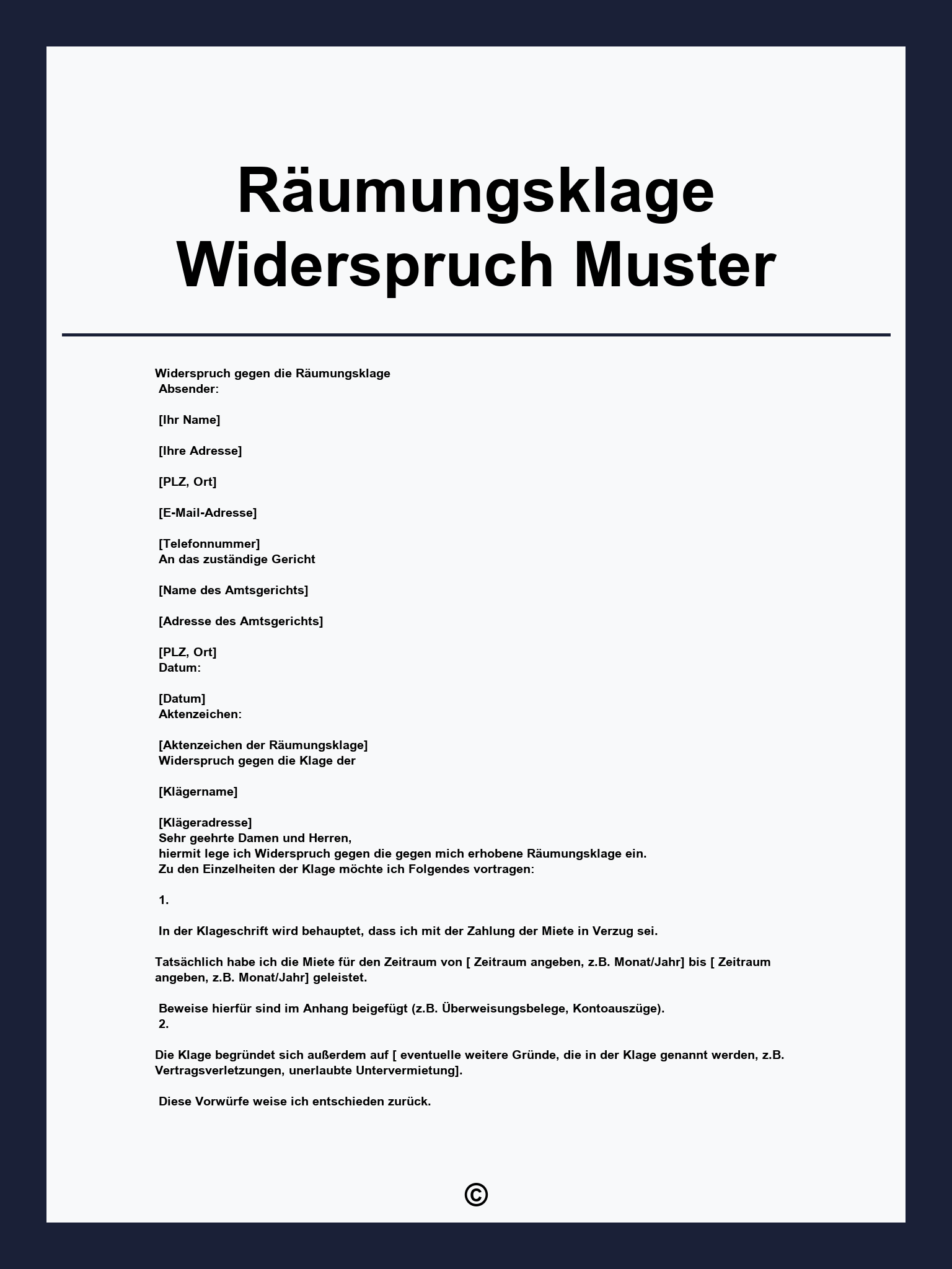 Räumungsklage Widerspruch Muster