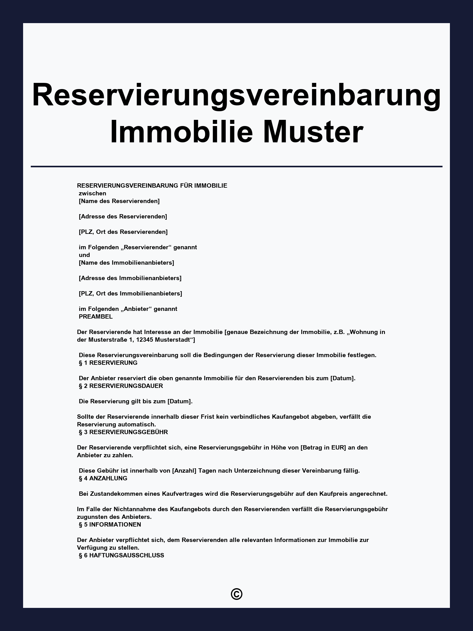 Reservierungsvereinbarung Immobilie Muster