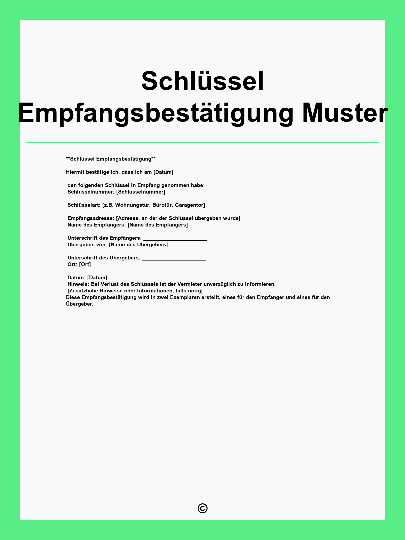 Schlüssel Empfangsbestätigung Muster