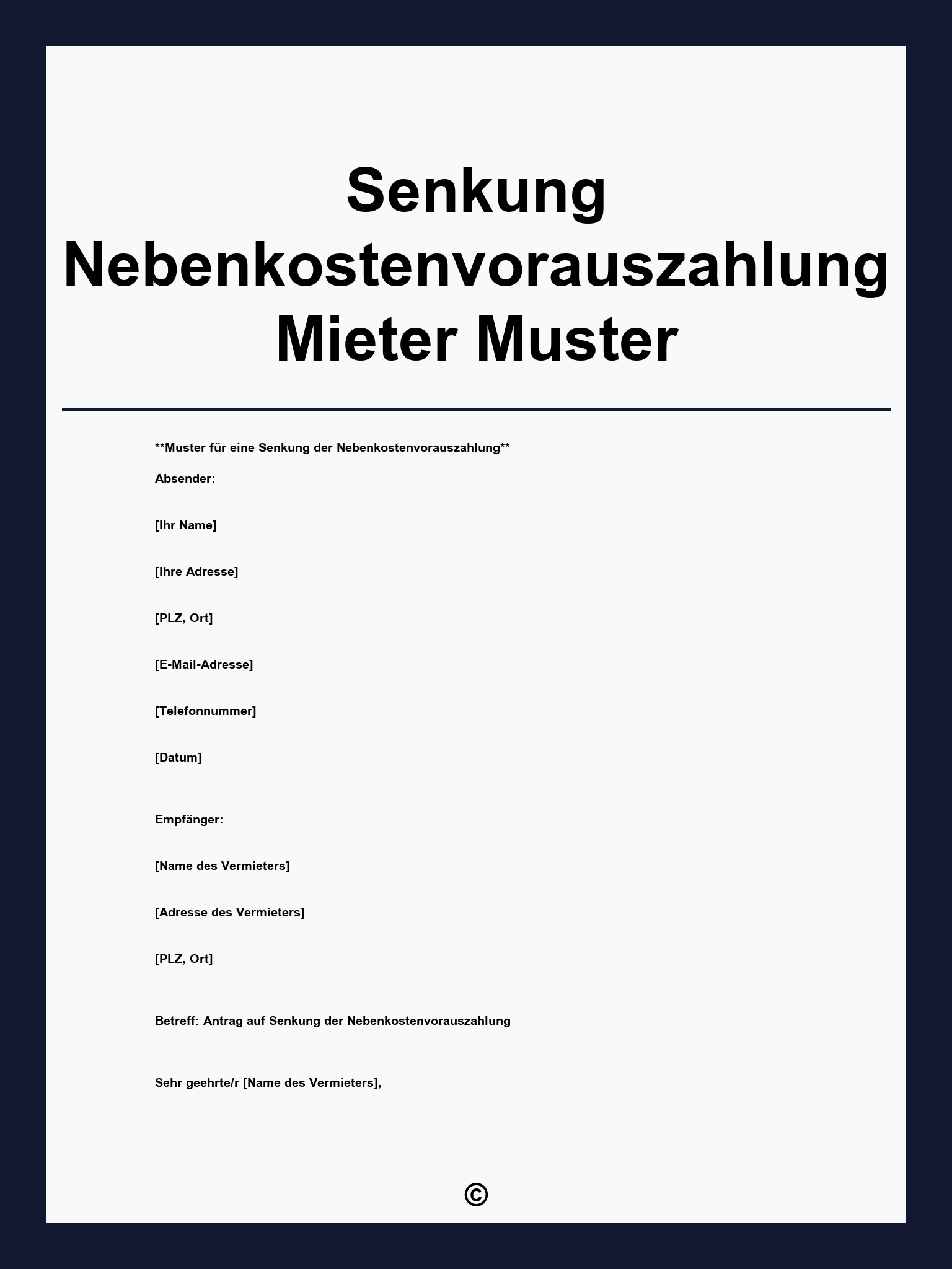 Senkung Nebenkostenvorauszahlung Mieter Muster