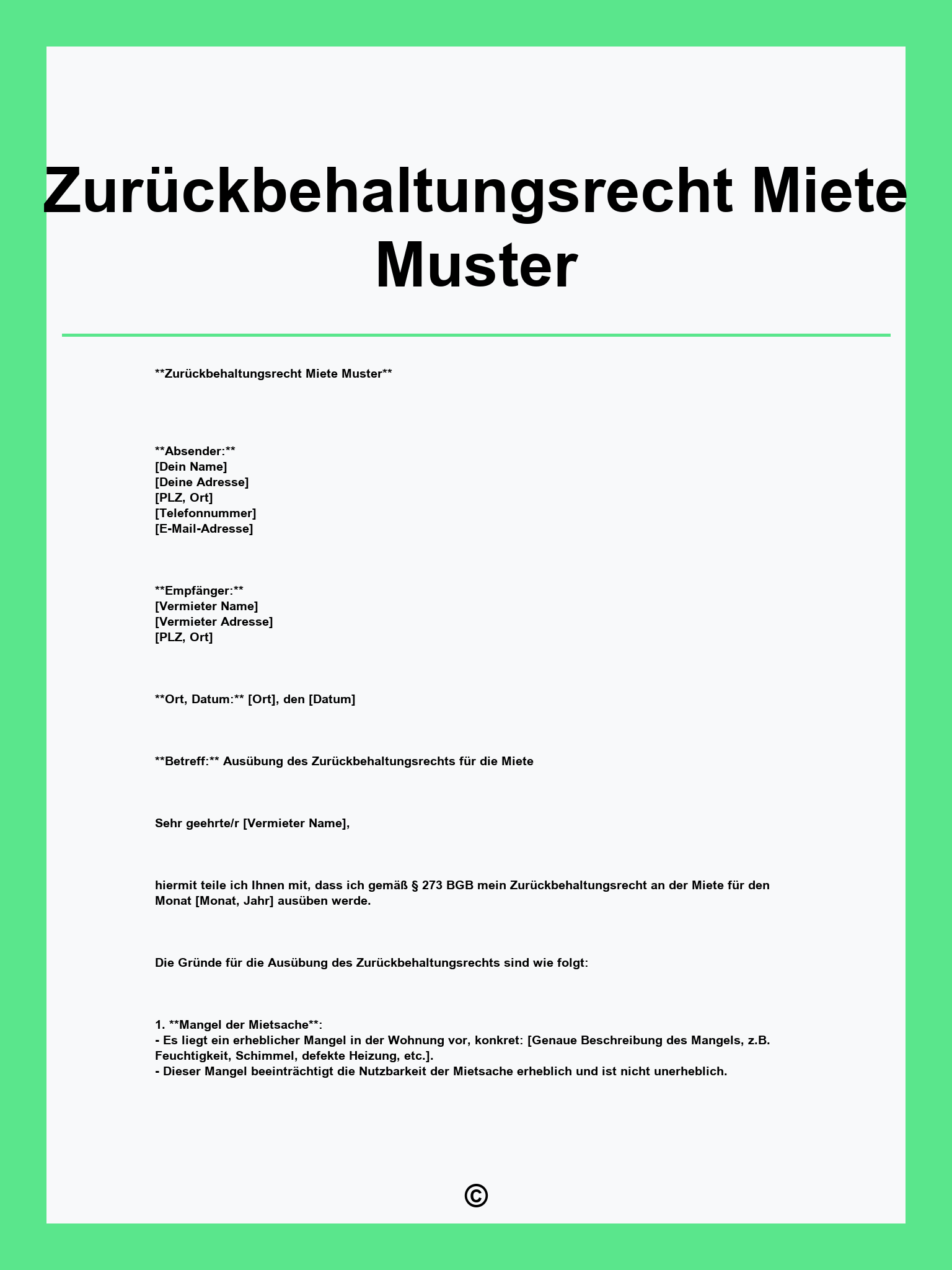 Zurückbehaltungsrecht Miete Muster